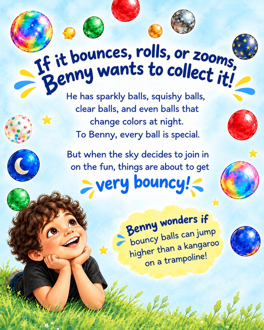 Back cover: If it bounces, rolls, or zooms, Benny wants to collect it! He has sparkly balls, squishy balls, clear balls, and even balls that change colors at night.