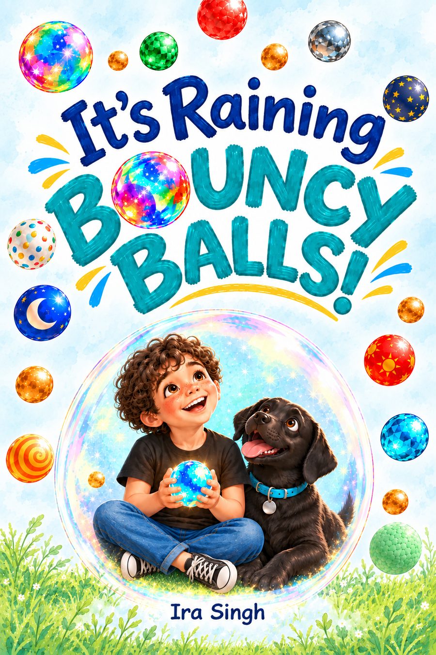 Cover of It's Raining Bouncy Balls! by Ira Singh — a curly-haired boy and his black puppy sit inside a shimmering bubble surrounded by colorful bouncy balls