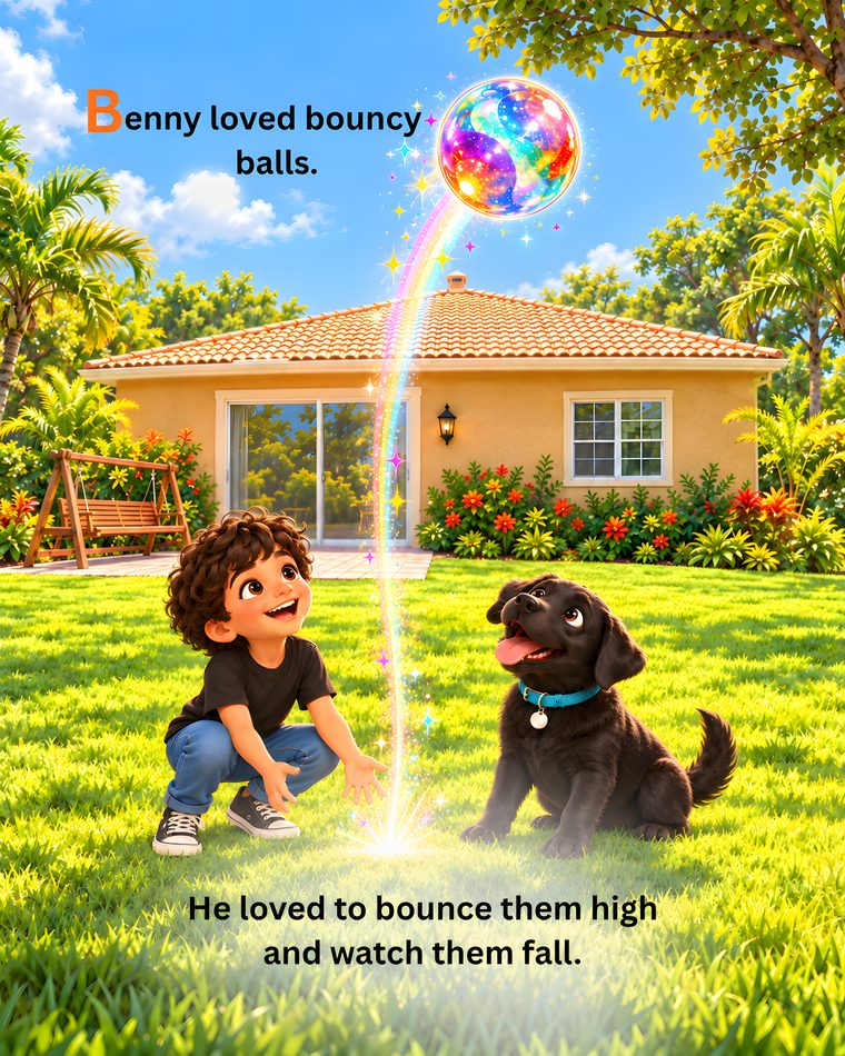 Benny and his puppy watch a rainbow bouncy ball soar above the backyard: 'Benny loved bouncy balls.'