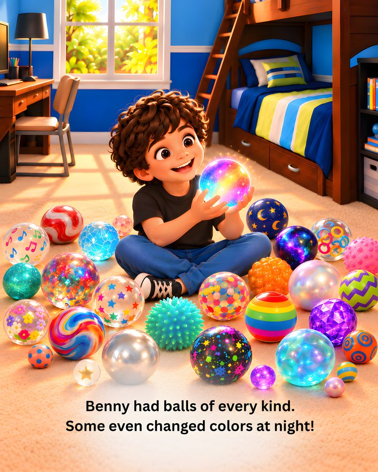Benny sits in his bedroom surrounded by bouncy balls of every kind