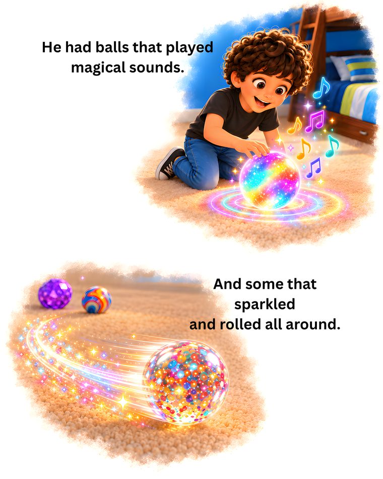 A glowing ball plays magical sounds while another sparkles and rolls across the carpet