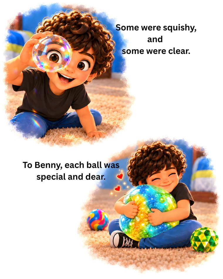 Benny peers through a clear ball and hugs a squishy glittering ball