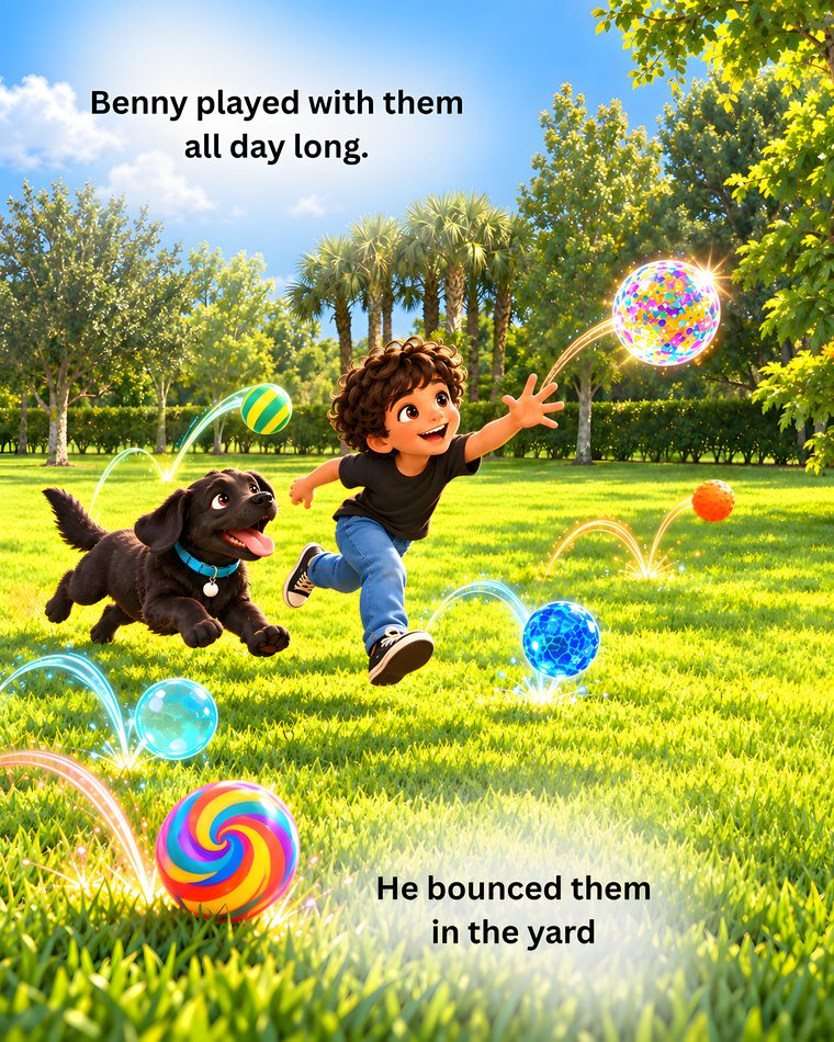 Benny and his puppy chase bouncing balls across a sunny yard